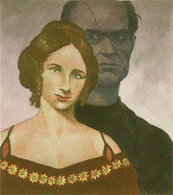 Mary Shelley with Dr. Frankenstein's Monster behind her